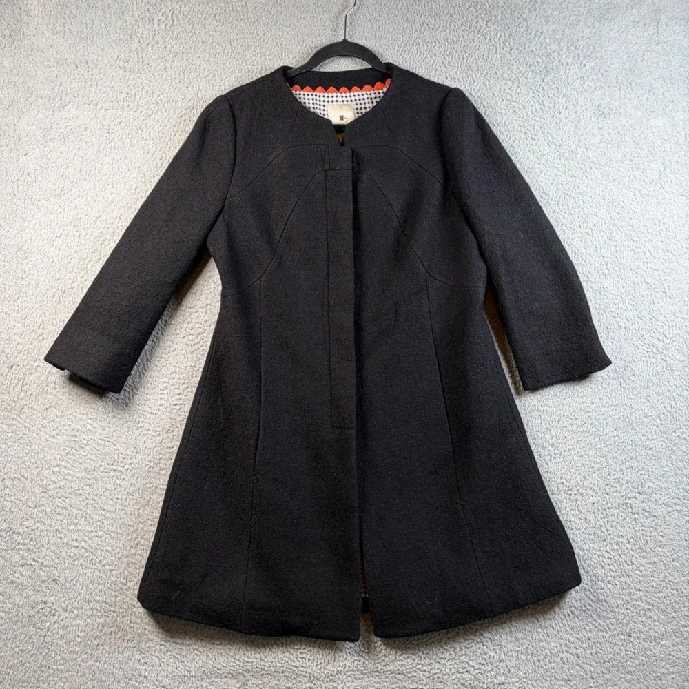 Elevenses Anthropologie Black Wool Blend Collarless A-Line Coat Gingham Linin 12